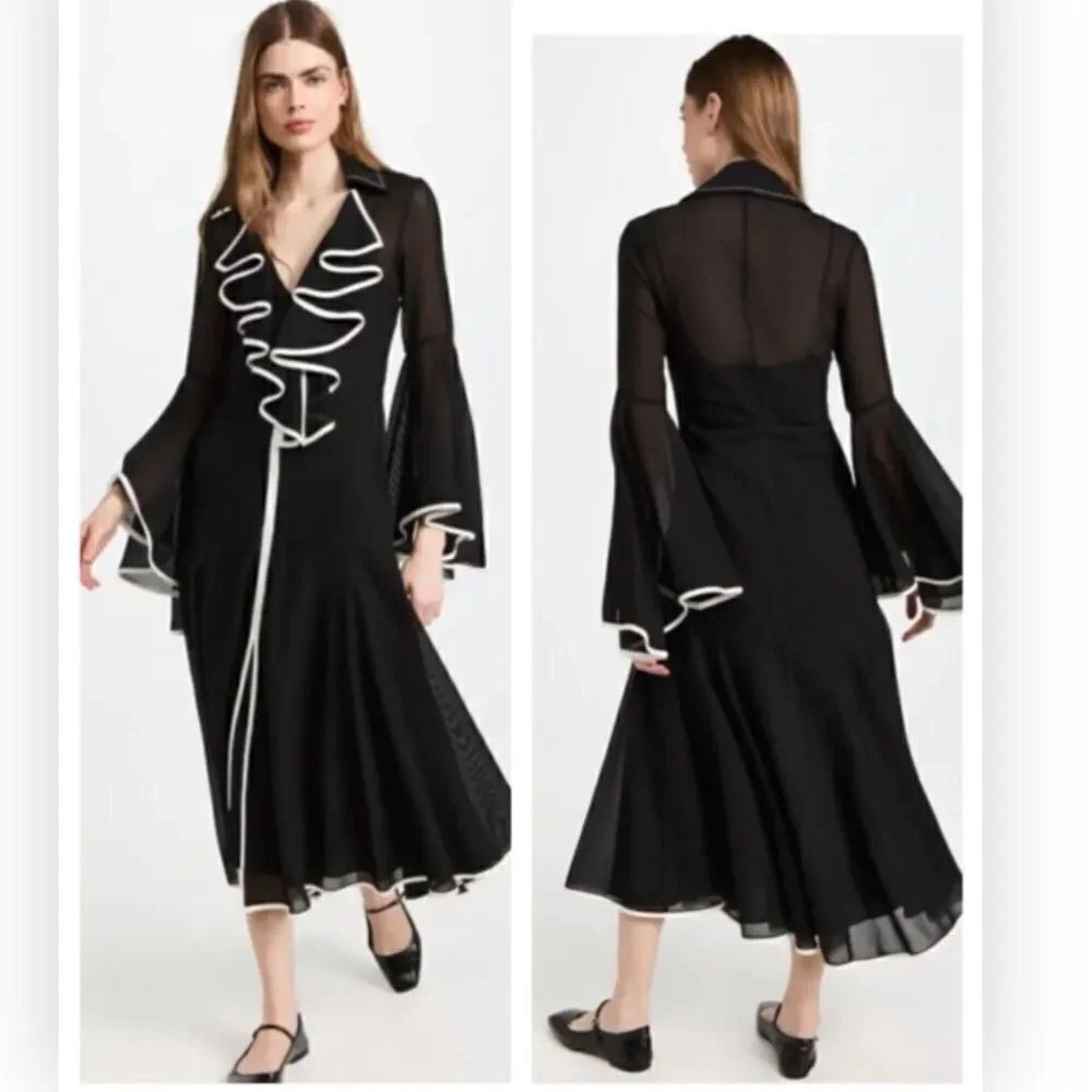Proenza Schouler Solid Mesh ruffle dress Black/White NWT $1590